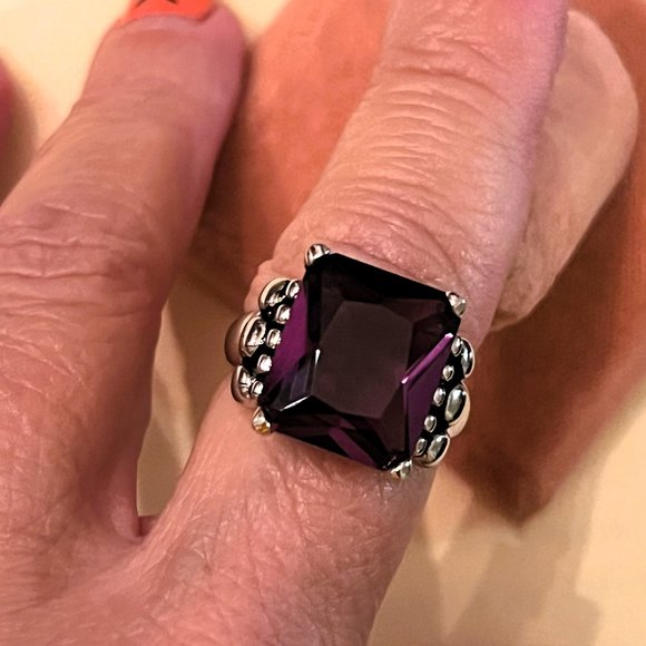 Large Square Cut Amethyst Ring in 925 Silver Artisan - NWT, Size 7 - Picture 1 of 10